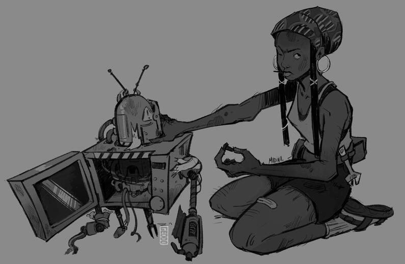 an example of a flat colour/grayscaled full body